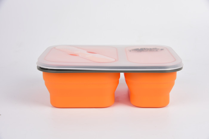 Контейнер TRAMP складаний силіконовий 2 відділи з кришкою защіпкою 900мл (з ложкою-виделкою) , Помаранчевий 