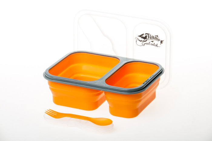 Контейнер TRAMP складаний силіконовий 2 відділи з кришкою защіпкою 900мл (з ложкою-виделкою) , Помаранчевий 