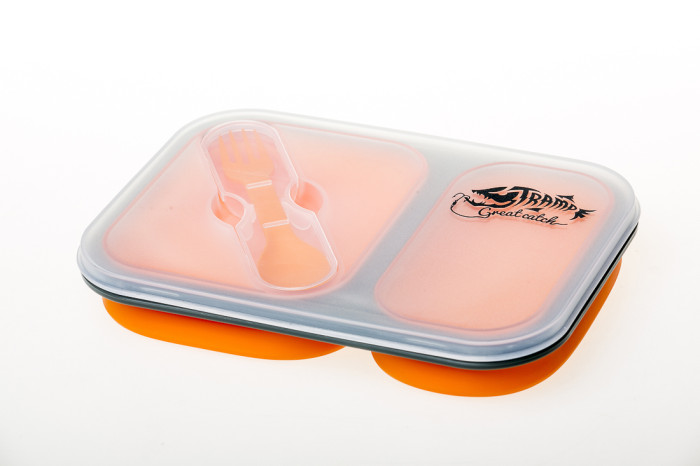 Контейнер TRAMP складаний силіконовий 2 відділи з кришкою защіпкою 900мл (з ложкою-виделкою) , Помаранчевий 