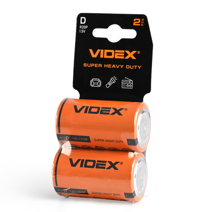 Батарейки сольові Videx R20P/D, 2шт SHRINK CARD