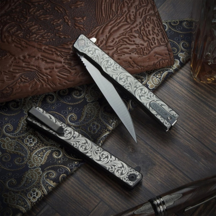 Ніж Ocaso Solstice, Engraved titanium, Scroll Pattern, Satin 