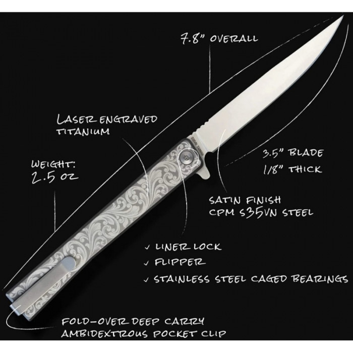 Ніж Ocaso Solstice, Engraved titanium, Scroll Pattern, Satin 