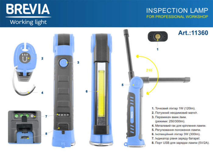 Ліхтар інспекційний Brevia LED Ultra-slim 3W COB+1W LED 300lm, 2000mAh, microUSB 