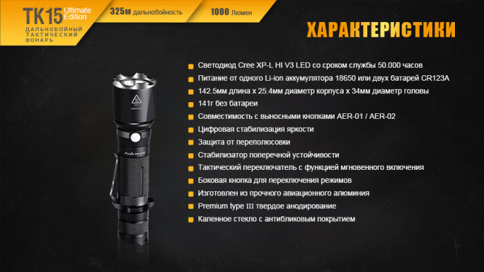 Тактичний ліхтар Fenix TK15UE, XP-L HI V3 LED, 450 люмен (чорний) 