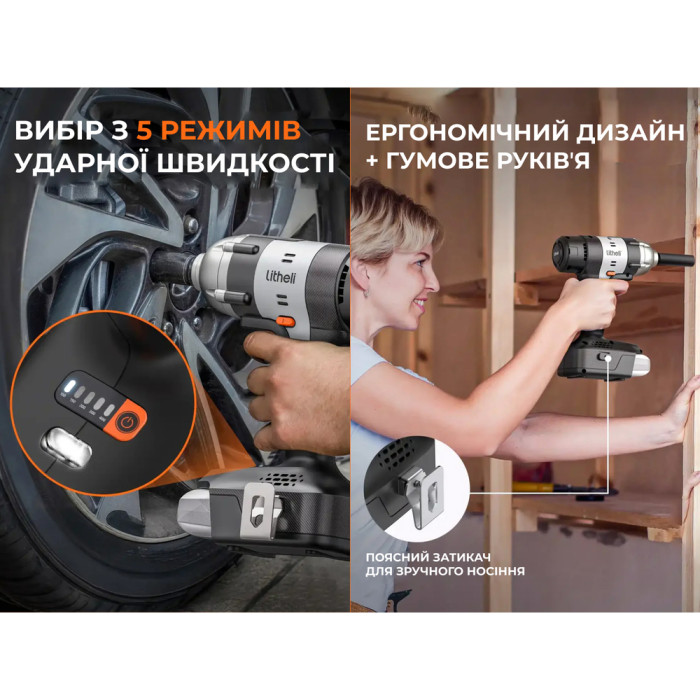 Акумуляторний ударний гайковерт Litheli безщітковий, живлення від павербанку (УМБ Litheli Power Bank 20000 mAh, 45 W, 2А в комплекті) 