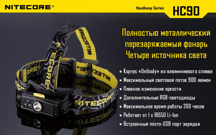 Ліхтар налобний Nitecore HC90 Cree XM-L2, 900 