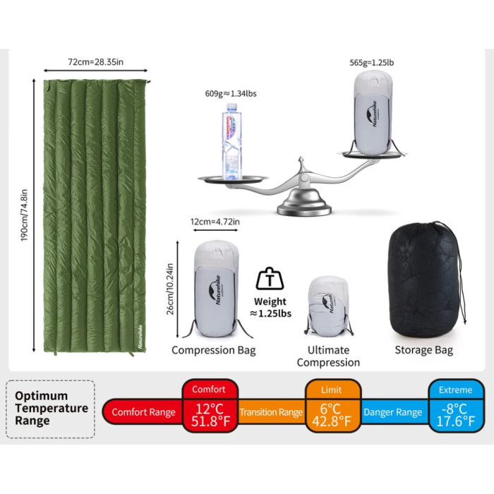 Спальний мішок з натуральним пухом Naturehike CWM295 CNK2300SD013, зелений 