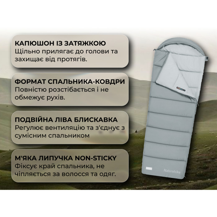 Спальний мішок з капюшоном Naturehike MS100 CNK2350WS023 лівий, сірий
