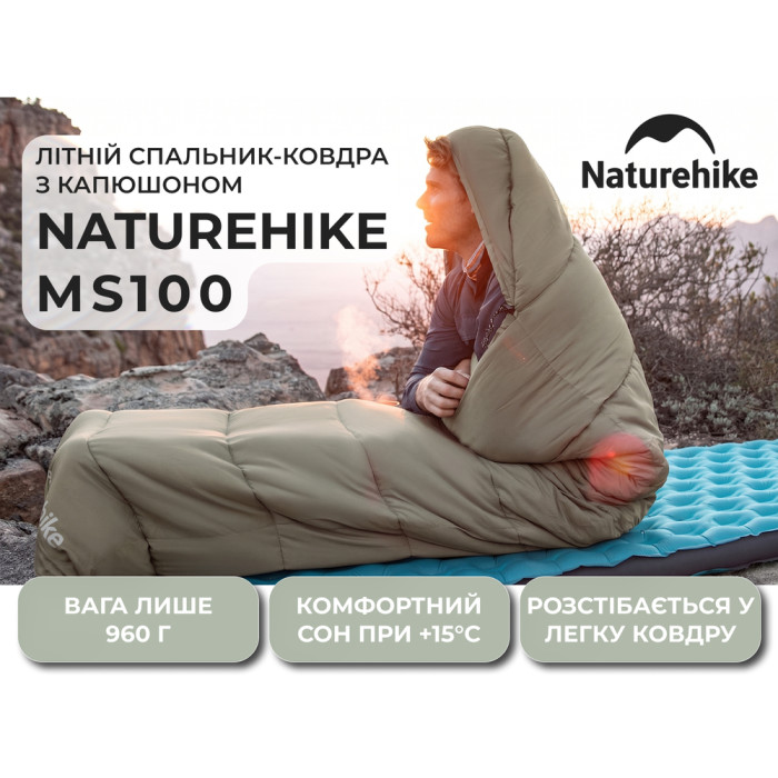 Спальний мішок з капюшоном Naturehike MS100 CNK2350WS023 правий, зелений