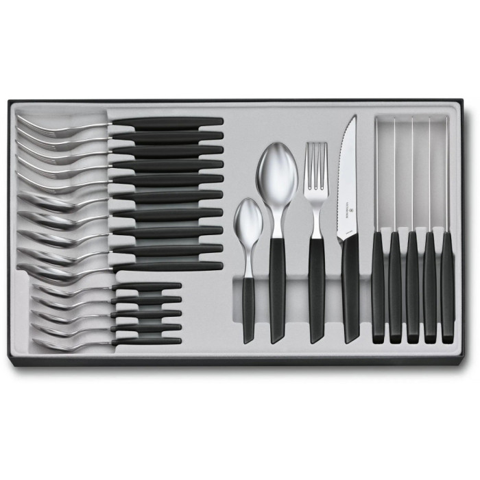 Набір кухонний Victorinox Swiss Modern Table Set з чорною ручкою (6 ножів steak, 6 виделок, 6 ложок, 6 ложок) 