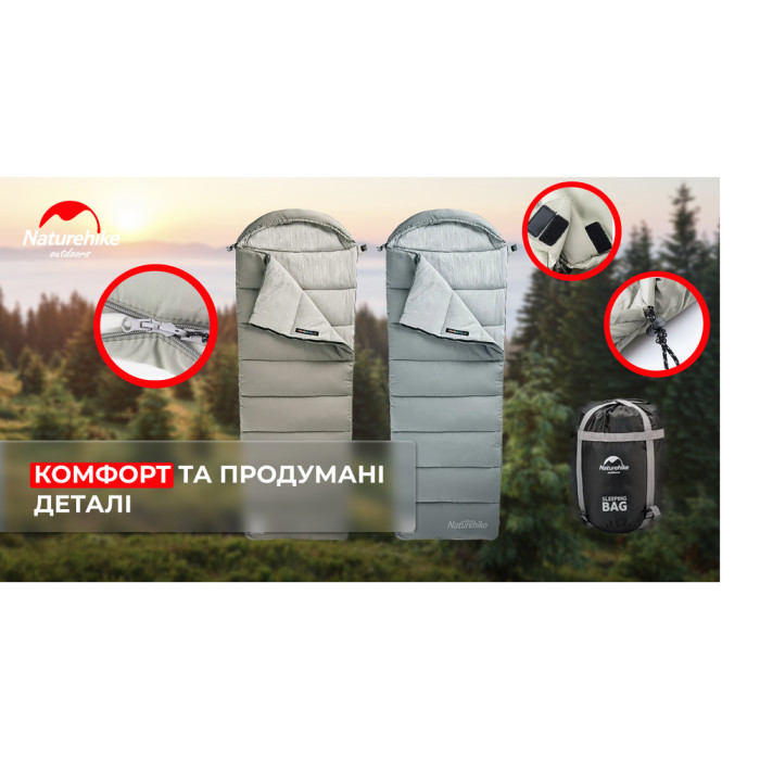Спальник з капюшоном Naturehike M180 NH20MSD02, правий, сірий (6975641886600) 