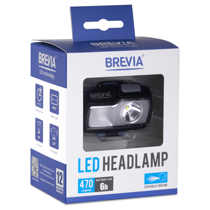 Ліхтар налобний Brevia 470Lm, 4 режими, 2xAA, IP64 