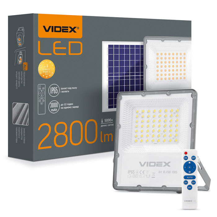 Прожектор світлодіодний Videx VL-FSO-1005 із сонячною панеллю 96 W 2800 Lm 5000 K 
