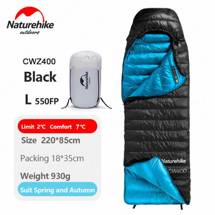 Спальник з натуральним пухом Naturehike CW400 NH18C400-D, p-р L, чорно-блакитний 