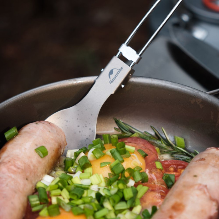 Ложко-виделка титанова складана Naturehike NH19C001-J сіра з мішечком 