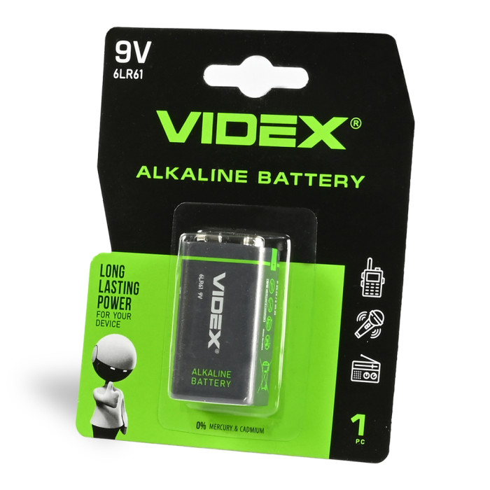 Батарейки лужні Videx  6LR61/9V (Крона) 1шт 