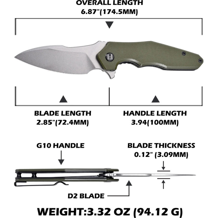 Ніж Hightron Mini Ventura, D2, G10, зелений, сталевий stonewash клинок 