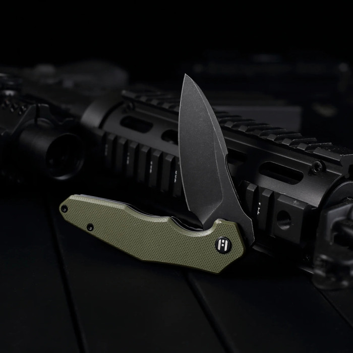 Нож Hightron Mini Ventura, D2, G10, зеленый, черный stonewash клинок  