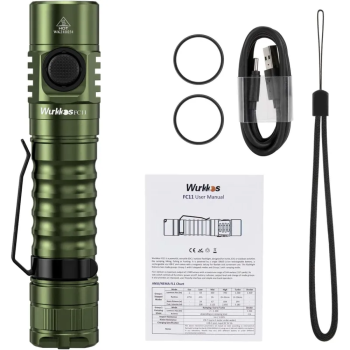 Фонарь Wurkkos FC11 USB-C Rechargeable 18650 LED LH351D 90 CRI, зеленый  