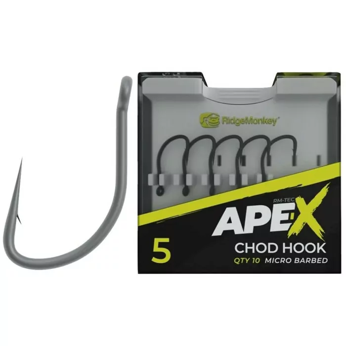 Крючок карповый RidgeMonkey Ape-X Chod с бородкой #5 (10 шт/уп)  