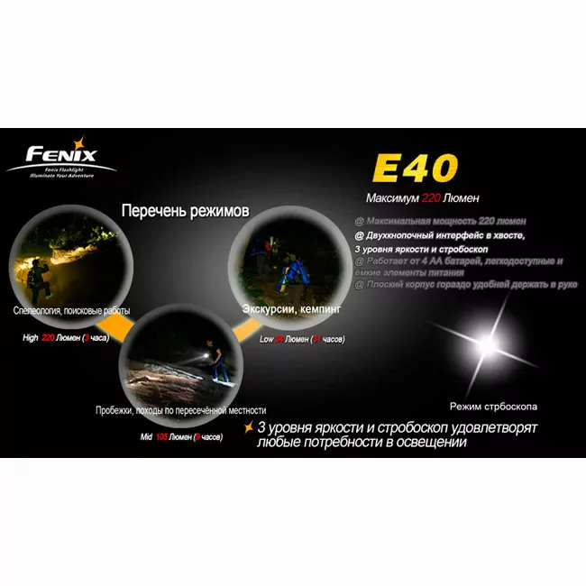 Карманный фонарь Fenix E40 , серый, XP-E R4, 220 люмен  