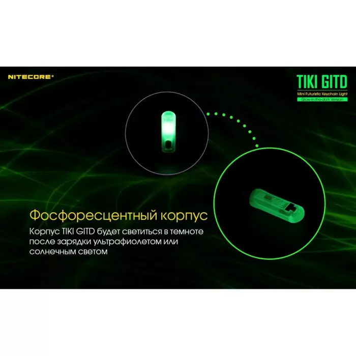 Фонарь наключный Nitecore TIKI GITD (Osram P8 + UV, 300 люмен, 7 режимов, USB), люминесцентный  