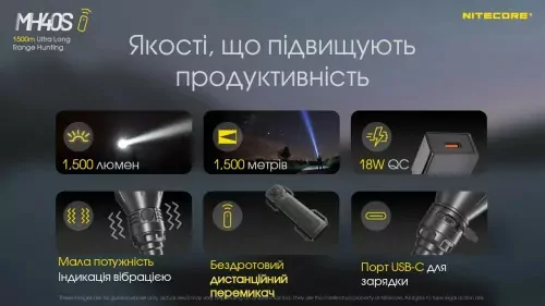 Фонарь Nitecore MH40S (Luminengin G9, 1500 люмен, 7 режимов, 2x21700, USB Type-C), комплект  
