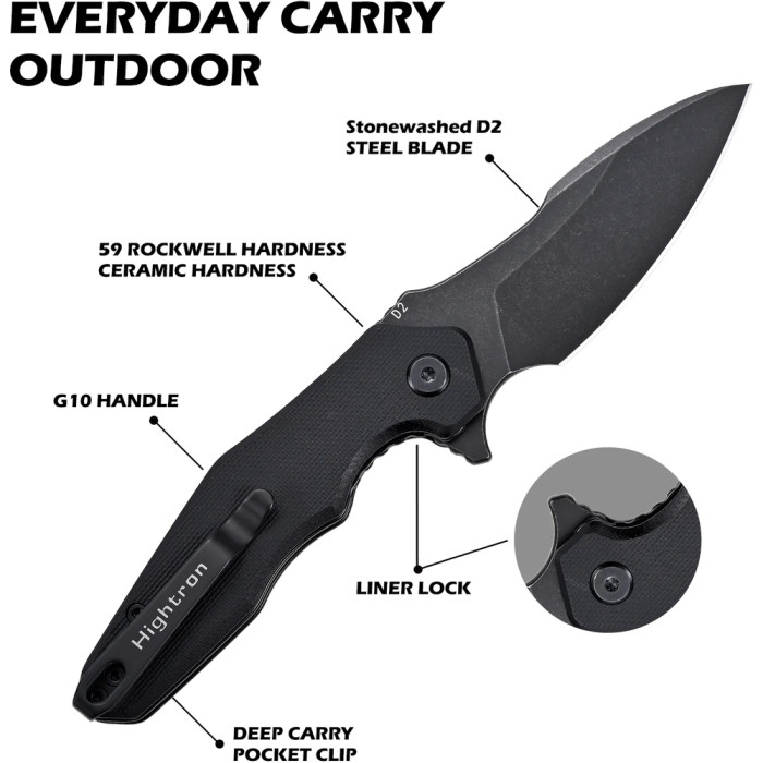 Нож Hightron Mini Ventura, D2, G10, черный, черный stonewash клинок  