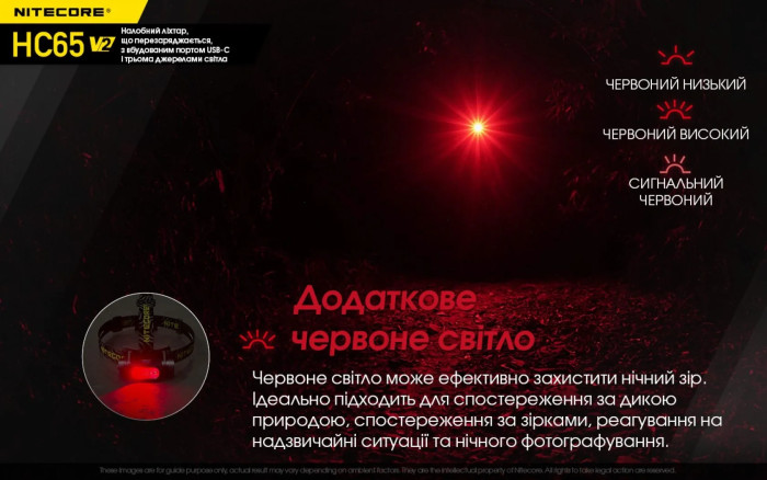 Фонарь налобный Nitecore HC65 V2 (Luminus LED + RED LED, 1750 люмен)  