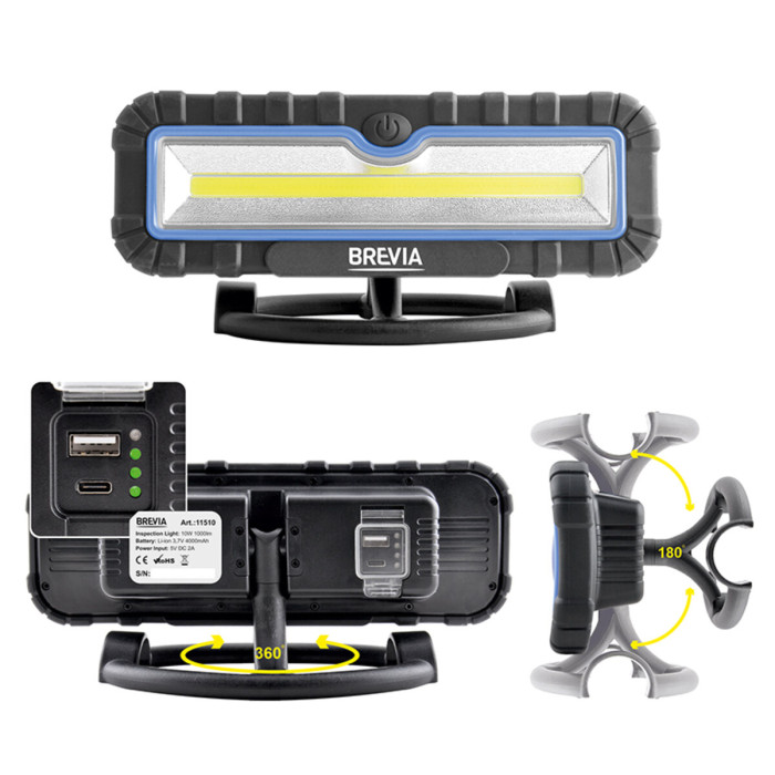 Профессиональная инспекционная лампа Brevia LED 10W COB 1000lm 4000mAh Power Bank, type-C  