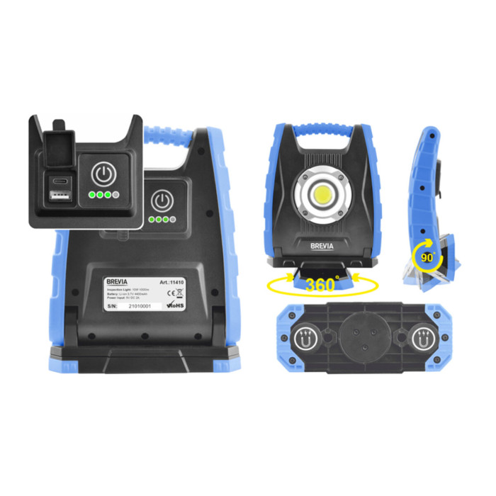 Профессиональная инспекционная лампа Brevia LED 10W COB 1000lm 4400mAh Power Bank, type-C  