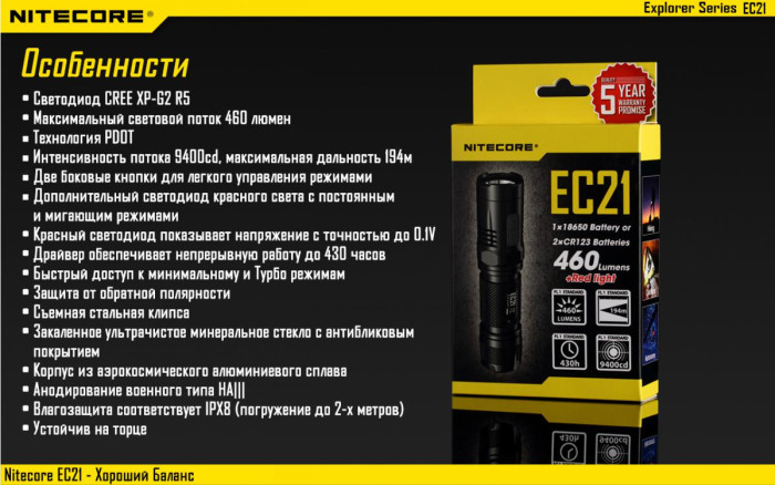 Карманный фонарь Nitecore EC21, 460 люмен  