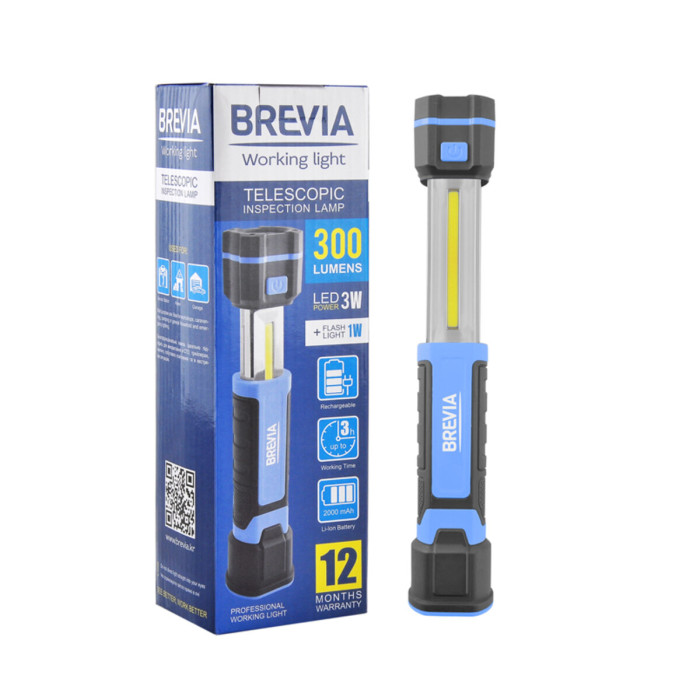 Телескопическая инспекционная лампа Brevia LED 3W COB+1W LED 300lm 2000mAh, Type-C 11340  