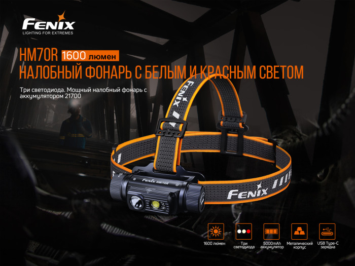 Налобный фонарь Fenix HM70R (LUMINUS SST40, ANSI 1600 лм, 21700)  