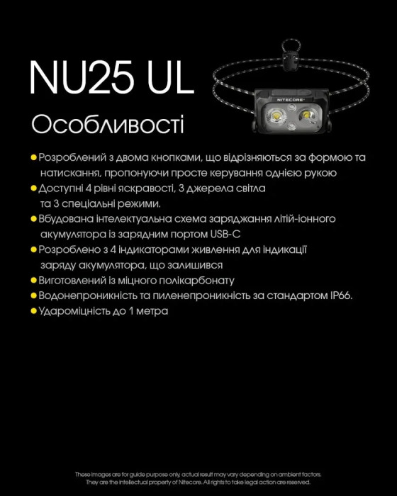 Фонарь налобный Nitecore NU25 UL NEW2 (400 люмен), черный  
