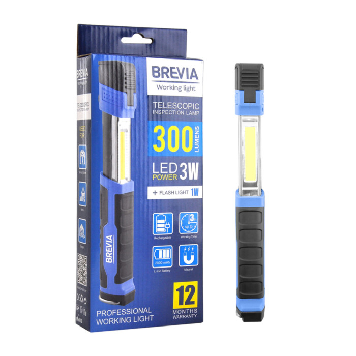 Телескопическая инспекционная лампа Brevia LED 3W COB+1W LED 300lm 2000mAh, type-C 11350  
