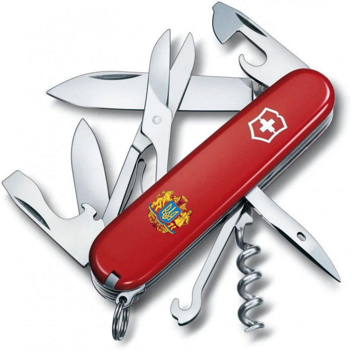 CLIMBER UKRAINE  91мм/14функ/крас /штоп/ножн/крюк /Большой Герб Украины 
