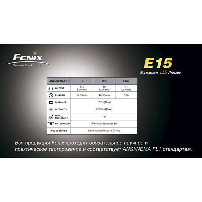 Фонарь-брелок Fenix E15 , серый, XP-E LED R2, 170 лм.  