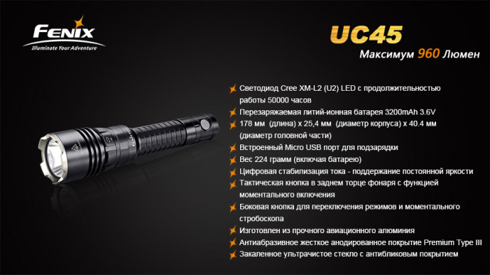 Ручной фонарь Fenix UC45, Cree XM-L2 (U2) LED, черный  