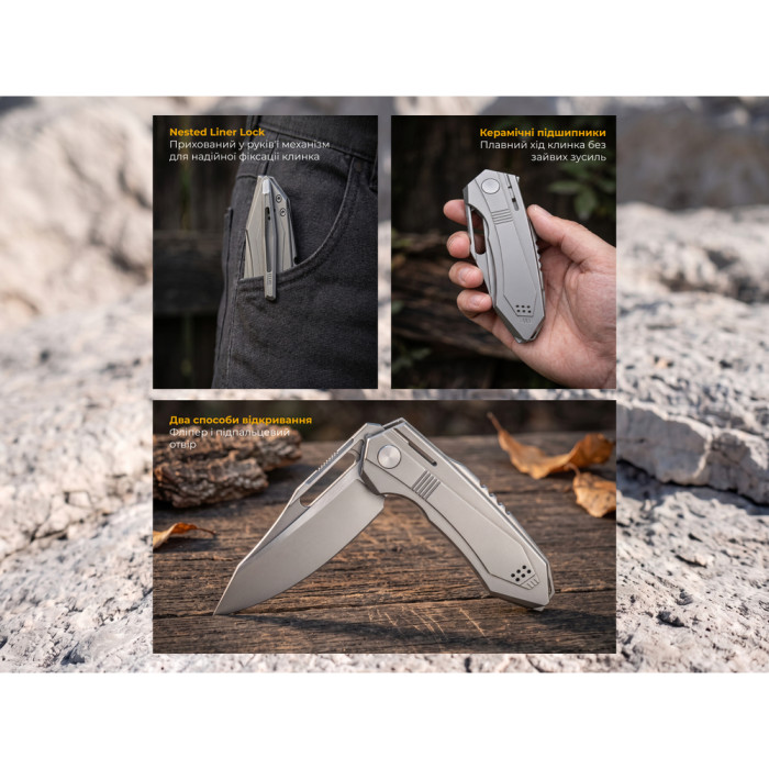 Нож складной туристический Weknife Bogey (9.3 см) Bohler M390 / Titanium серый  