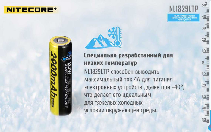 Аккумулятор литиевый Li-Ion 18650 Nitecore NL1829LTP 3.6V 2900mAh, -40°С, защищенный  