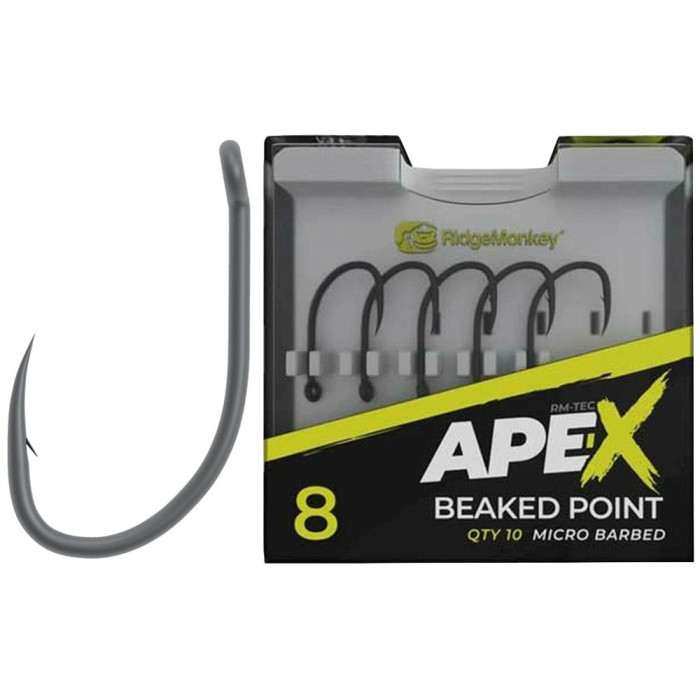 Крючок карповый RidgeMonkey Ape-X Beaked Point с бородкой #4 (10 шт/уп)  