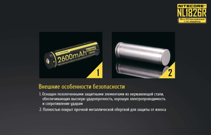 Аккумулятор литиевый Li-Ion Nitecore NL1826R 2600mAh, USB, защищенный  