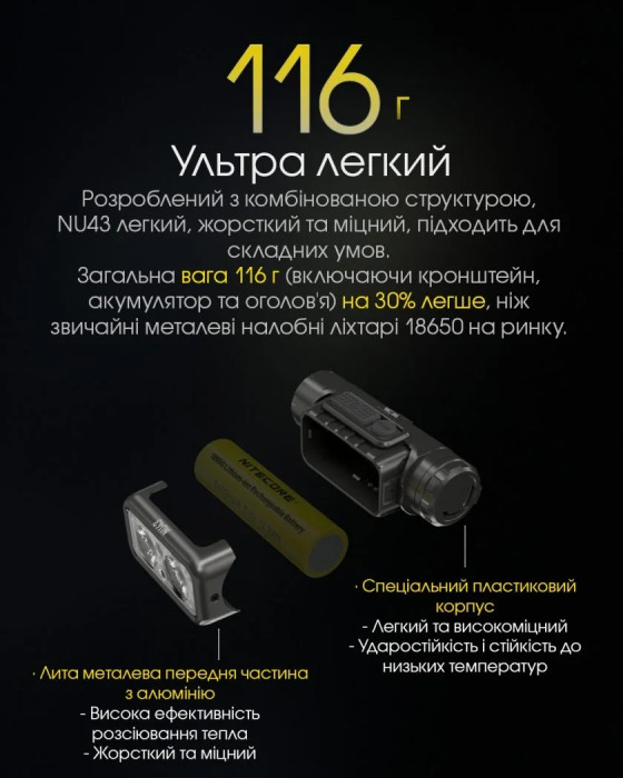 Фонарь налобный Nitecore NU43 (Белый + Красный LED, 1400 люмен)  