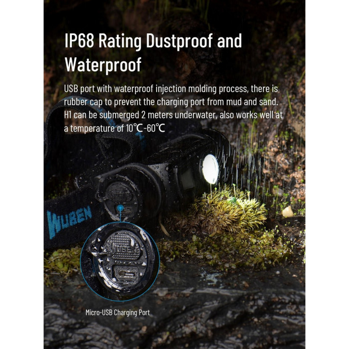 Налобный фонарь Wuben H1 1200 Lm (+аккумулятор 2600 mAh)  