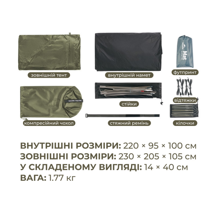 Палатка сверхлегкая одноместная Naturehike Mongar Hiking Tent Pro CNK2550WS037, 20D, зеленый  