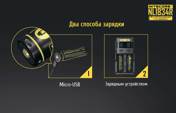 Аккумулятор литиевый Li-Ion Nitecore NL1834R 3400mAh, USB, защищенный  