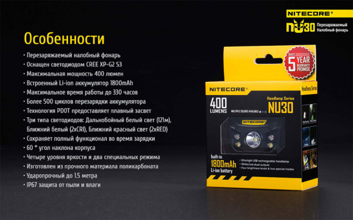 Фонарь налобный Nitecore NU30 (песочный)  