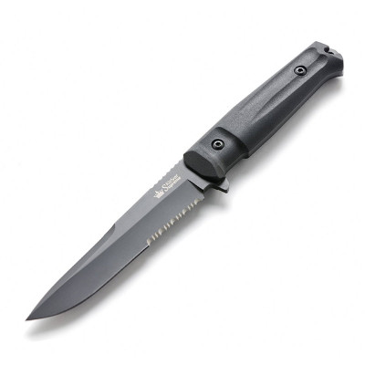 Нож Kizlyar Supreme Alpha, сталь D2, stonewash, серрейтор, чёрные ножны