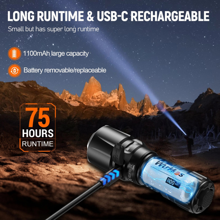 Фонарь Wurkkos TD07 Type C fast charging port +18350 Battery 1300lm, черный  